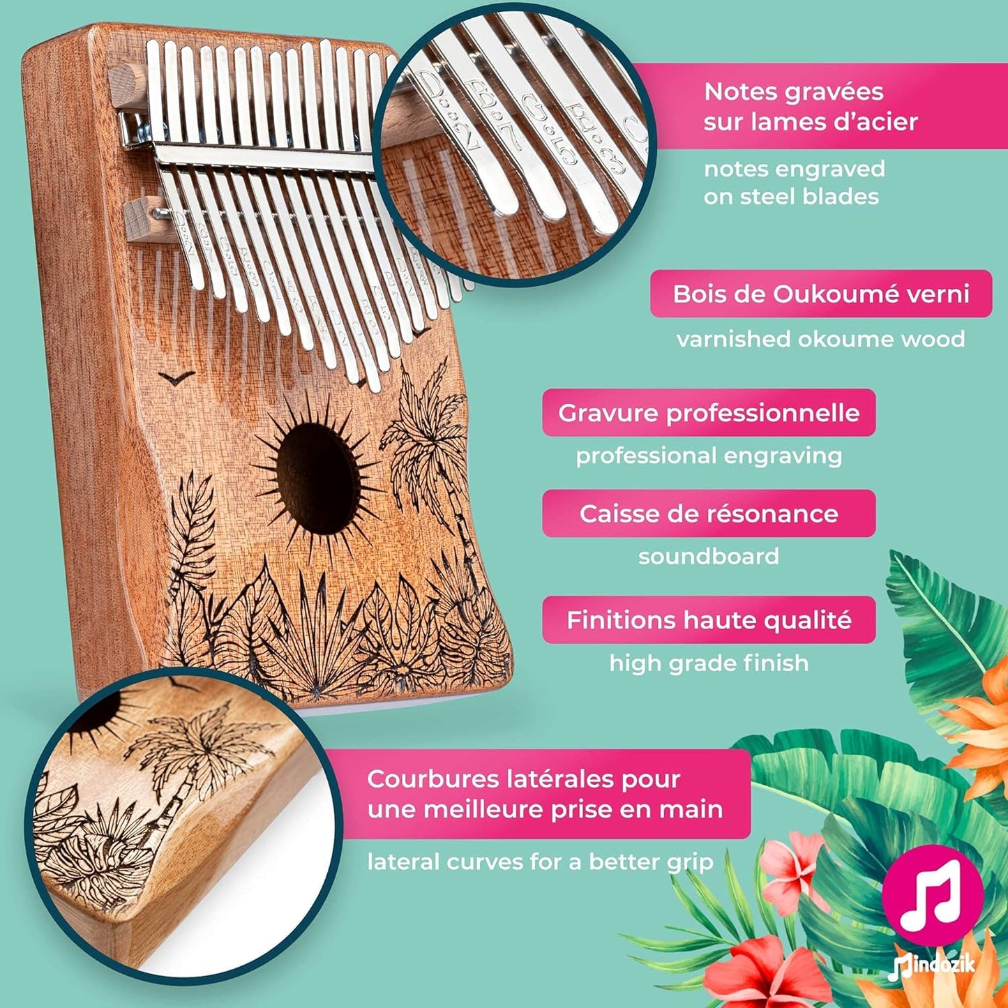 17 Key Musical Instrument Set - Thumb/Finger Piano - Original Relaxation Gift - Tropical Flower Engraving + Protective Cover Holder