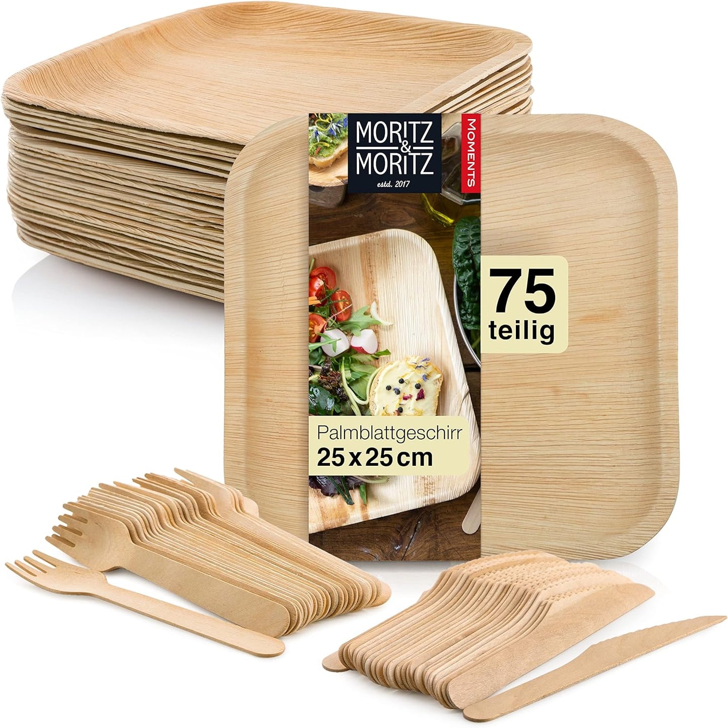 Moritz & Moritz 25 pcs. Disposable Plates Set 25x25 cm 25 Palm Leaf Plates Biodegradable Plates for Parties - Alternative to Bamboo Plates Wooden Plates and Paper Plates