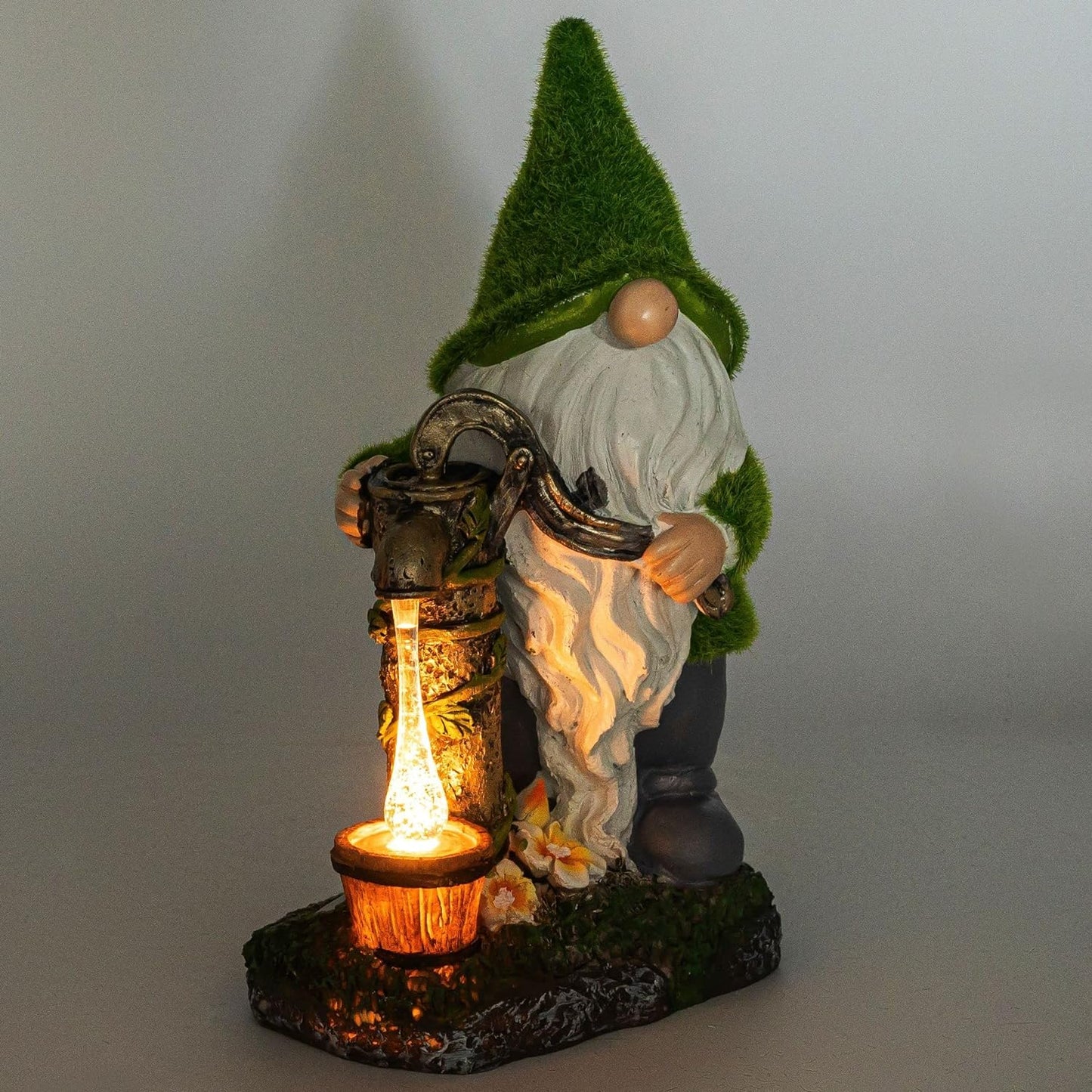 Garden Gnome on the Fountain with Solar Lights Height Approx. 35 cm Garden Figure Polyresin Weatherproof Garden Lighting Solar Decorative Figure for Outdoor Solar Lights