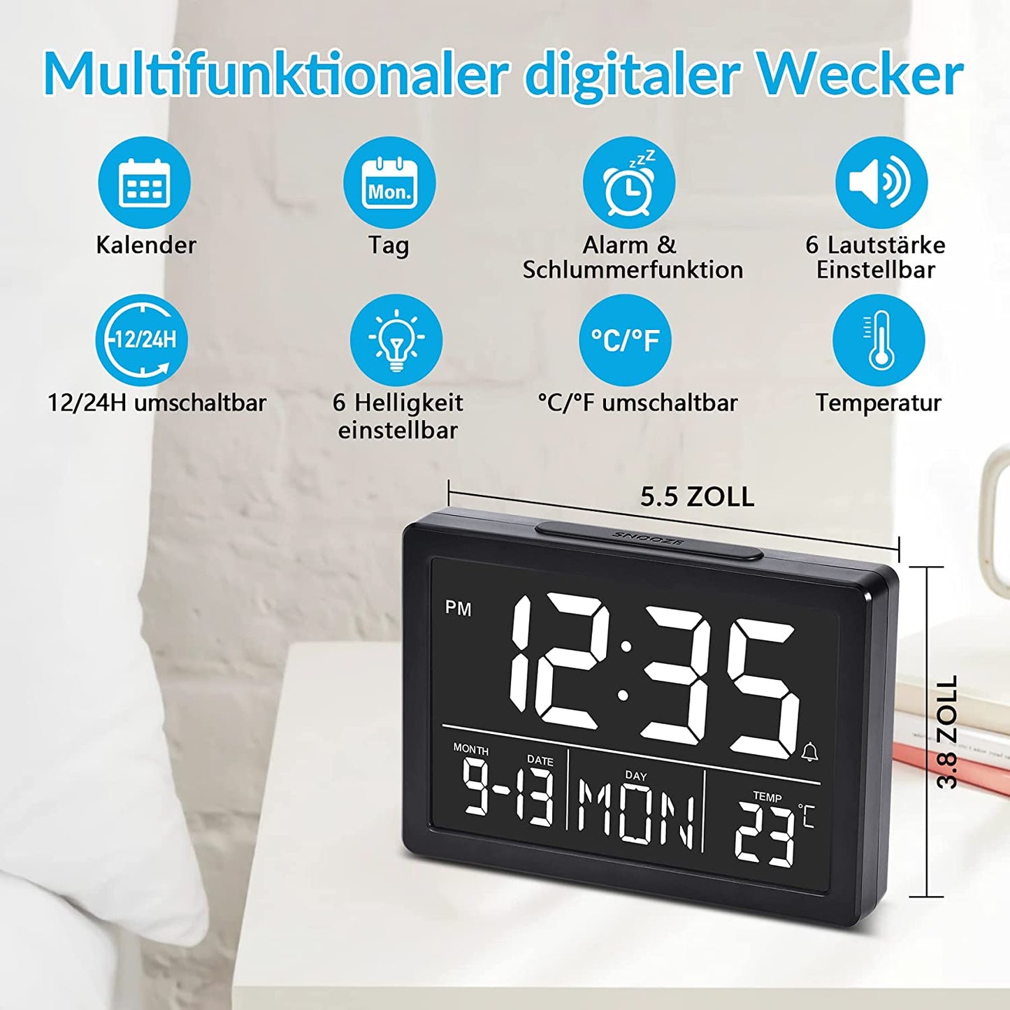 Alarm Clock By SZELAM, Digital 5.5 Inch Larger Display, LED Digital Clock with USB Charger, 6 Brightness Levels, Volume Adjustable, Date Temperature Display, Table Clock for Bedroom, Desk, Children's Living Room