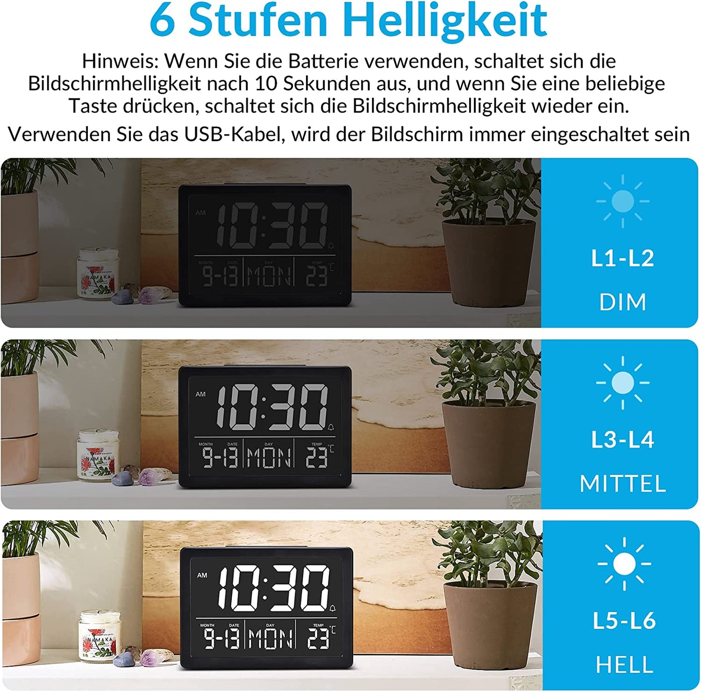 Alarm Clock By SZELAM, Digital 5.5 Inch Larger Display, LED Digital Clock with USB Charger, 6 Brightness Levels, Volume Adjustable, Date Temperature Display, Table Clock for Bedroom, Desk, Children's Living Room