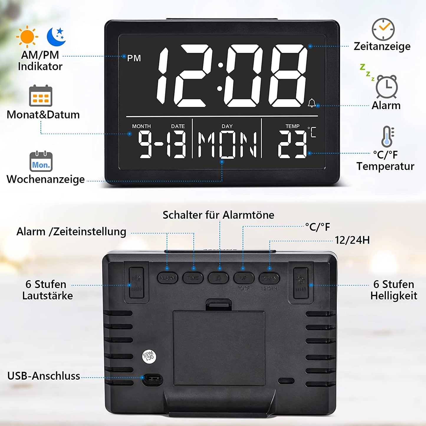 Alarm Clock By SZELAM, Digital 5.5 Inch Larger Display, LED Digital Clock with USB Charger, 6 Brightness Levels, Volume Adjustable, Date Temperature Display, Table Clock for Bedroom, Desk, Children's Living Room