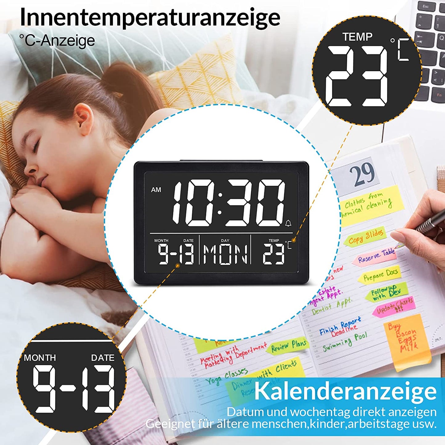 Alarm Clock By SZELAM, Digital 5.5 Inch Larger Display, LED Digital Clock with USB Charger, 6 Brightness Levels, Volume Adjustable, Date Temperature Display, Table Clock for Bedroom, Desk, Children's Living Room