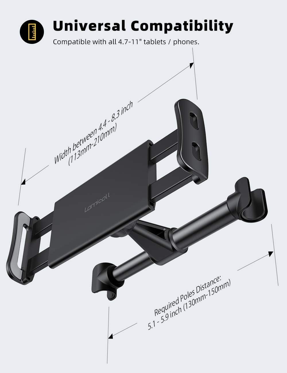 Car Headrest Mount by Lamicall, Tablet Headrest Holder - Stand Cradle Compatible with Devices Such as iPad Pro Air Mini, Galaxy Tabs, Other 4.7-10.5" Cellphones and Tablets - Black