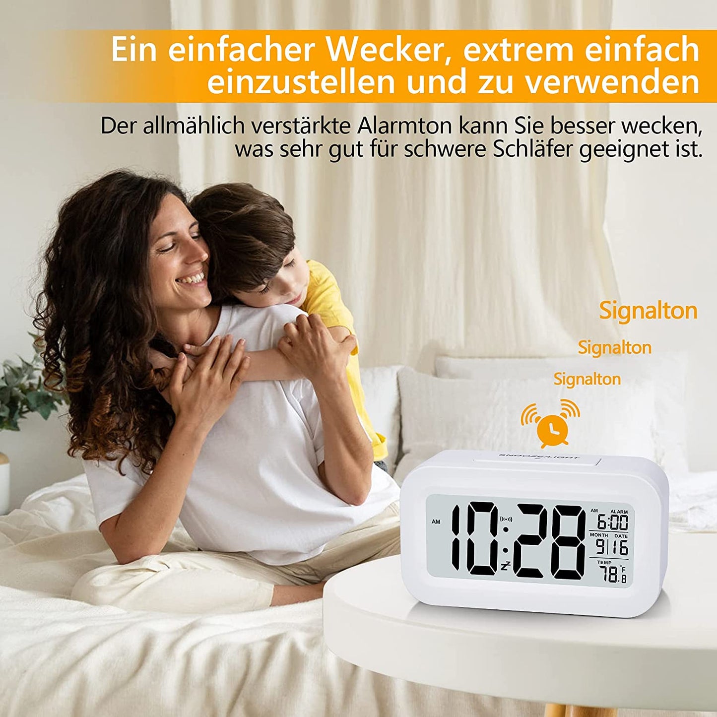 Alarm Clock by SZELAM, Small Digital Alarm Clock, 5.1 Inch LCD Display with USB Charger, Snooze, Minutes, Date Calendar, Temperature Alarm Display, Bedside Table, Easy Setup for Home Travel, Bedroom, Kitchen (White)