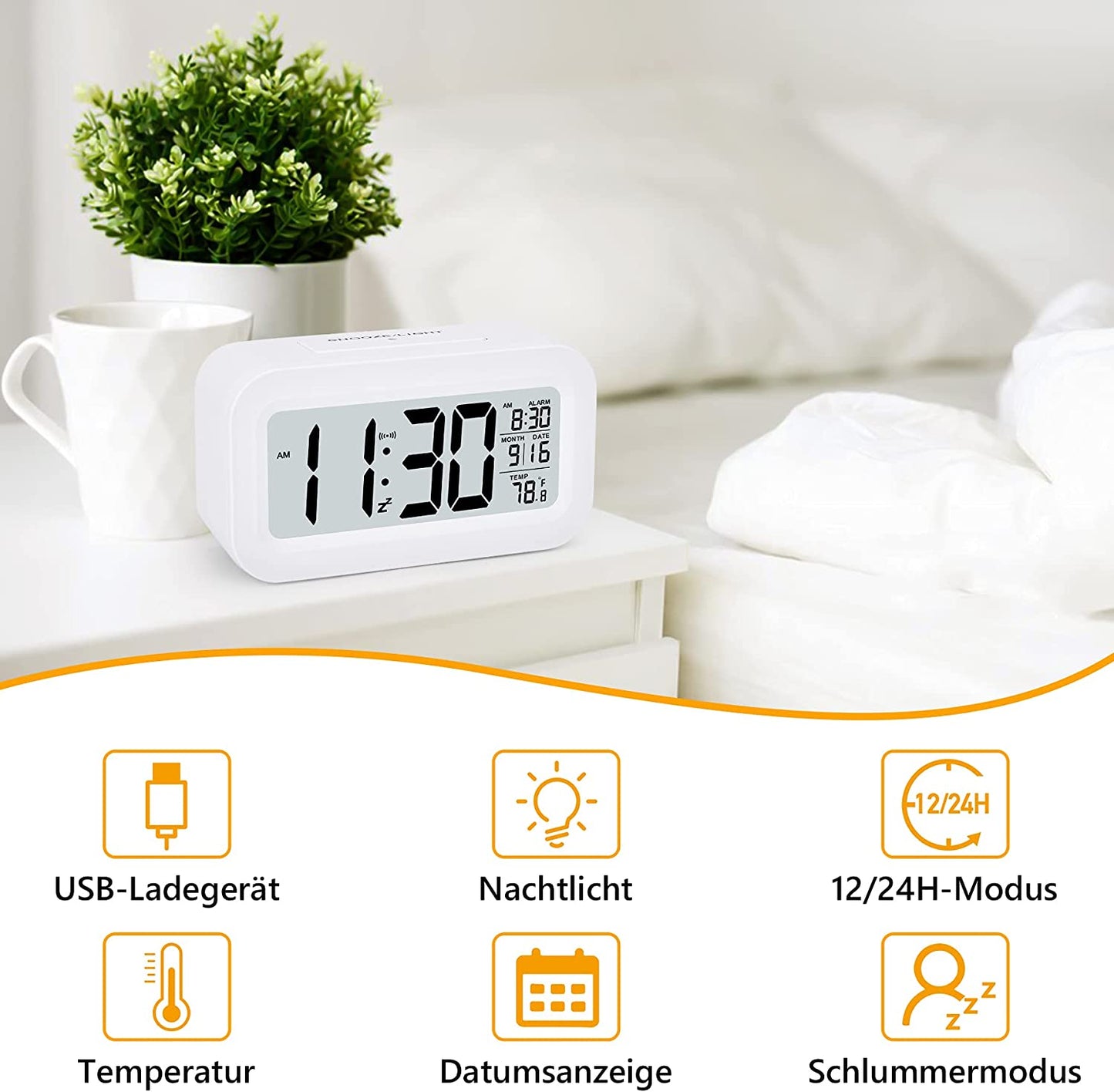 Alarm Clock by SZELAM, Small Digital Alarm Clock, 5.1 Inch LCD Display with USB Charger, Snooze, Minutes, Date Calendar, Temperature Alarm Display, Bedside Table, Easy Setup for Home Travel, Bedroom, Kitchen (White)