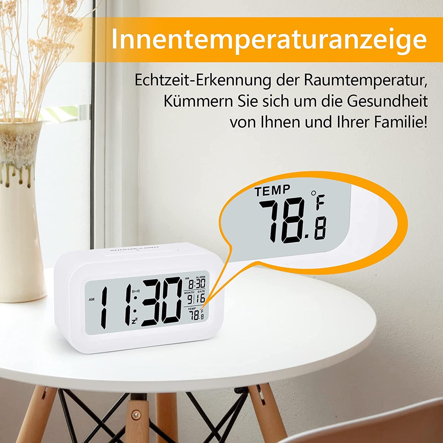 Alarm Clock by SZELAM, Small Digital Alarm Clock, 5.1 Inch LCD Display with USB Charger, Snooze, Minutes, Date Calendar, Temperature Alarm Display, Bedside Table, Easy Setup for Home Travel, Bedroom, Kitchen (White)