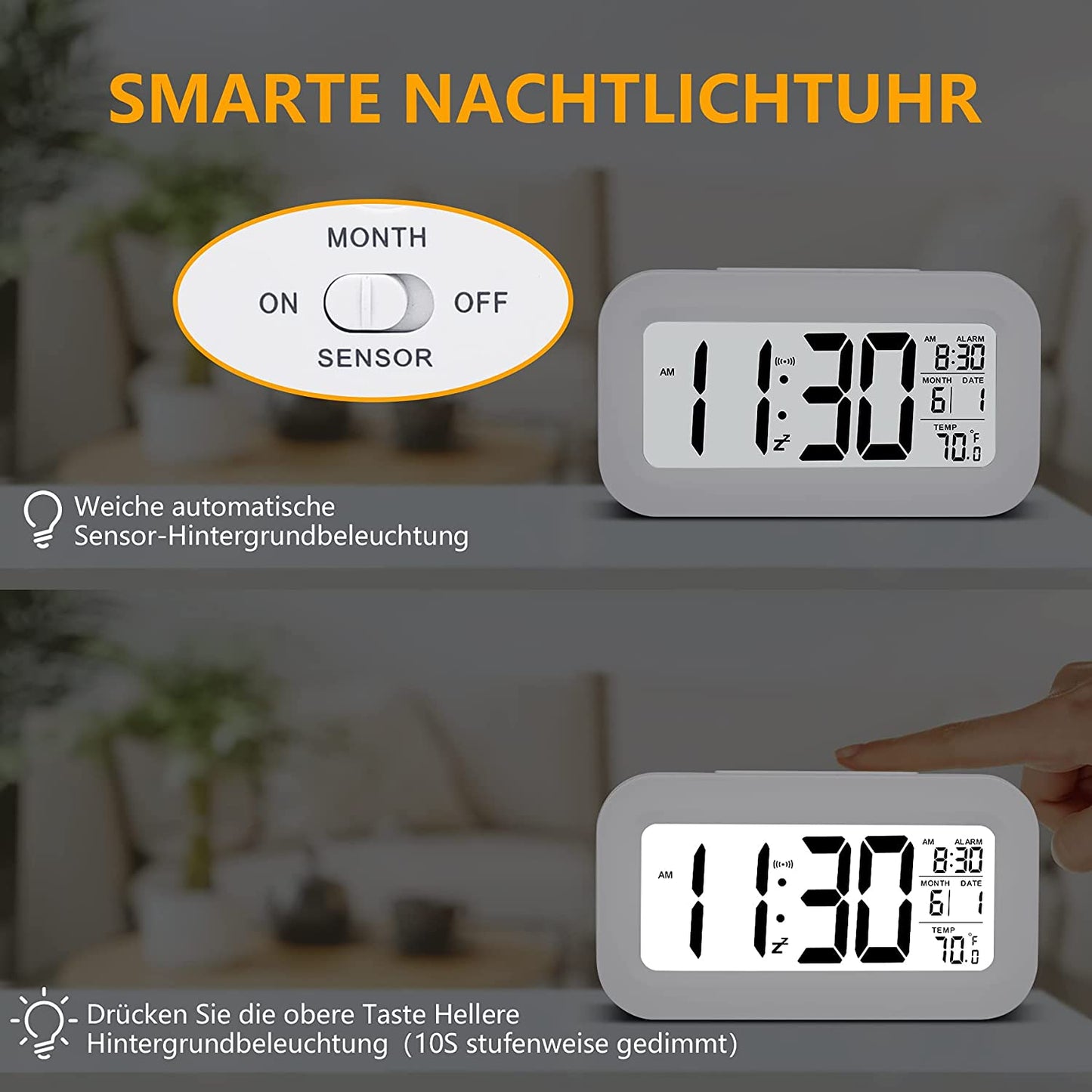 Alarm Clock by SZELAM, Small Digital Alarm Clock, 5.1 Inch LCD Display with USB Charger, Snooze, Minutes, Date Calendar, Temperature Alarm Display, Bedside Table, Easy Setup for Home Travel, Bedroom, Kitchen (White)