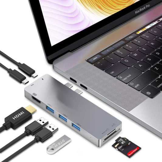 USB C Hub by MMOBIEL - USB C Adapter to HDMI, 2X USB-C, 3X USB 3.0 and SD / TF Card Reader - 8 Ports Hub - Compatible with MacBook, iPad, Notebook, Chromebook and Other Type C Models - Aluminium