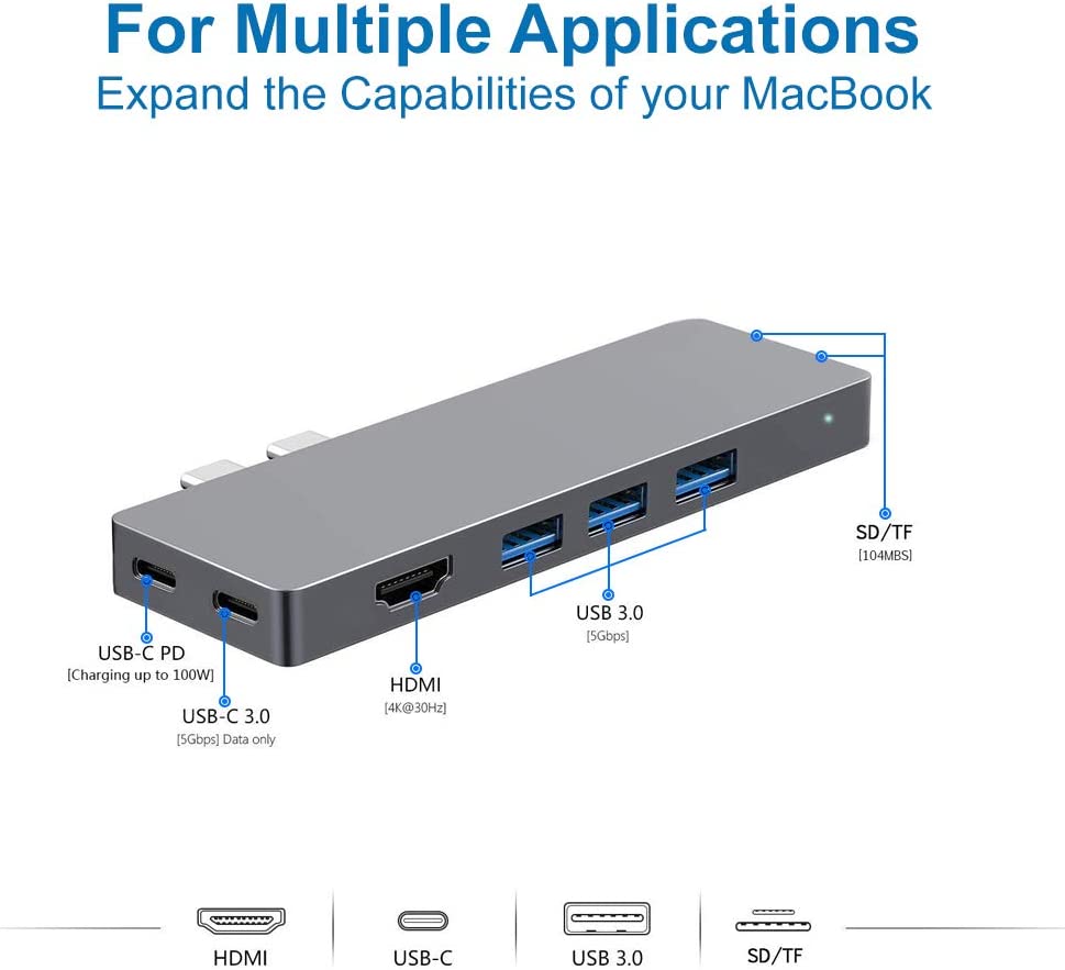 USB C Hub by MMOBIEL - USB C Adapter to HDMI, 2X USB-C, 3X USB 3.0 and SD / TF Card Reader - 8 Ports Hub - Compatible with MacBook, iPad, Notebook, Chromebook and Other Type C Models - Aluminium