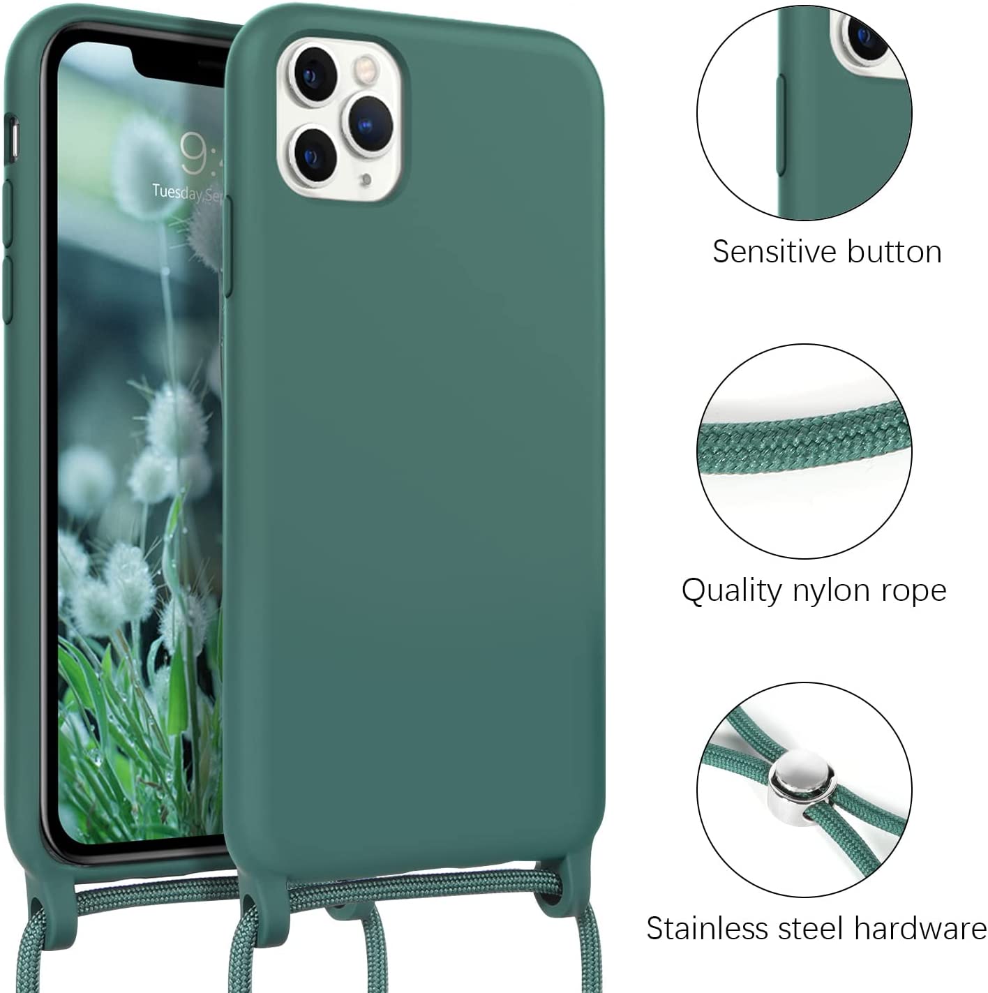 iPhone 11 Pro Max Case with Strap by DUEDUE, Mobile Phone Chain iPhone 11 Pro Max Mobile Phone Case Silicone with Strap Shockproof Protective Case Soft Silicone TPU for iPhone 11 Pro Max Case Silicone 6.5 Inch Pine Green