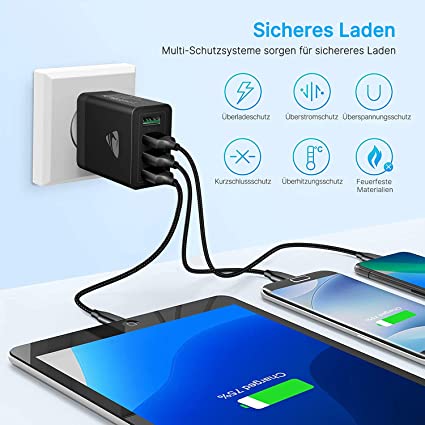 USB charger, 33W QC 3.0 USB power supply, high-speed charging adapter, 4-port fast charger, multiple USB charging plug for Samsung Galaxy A51 A50 S21 S20 S10 S9 S8, iPhone 14 13 12 11 Pro XR X, Huawei P30 P20