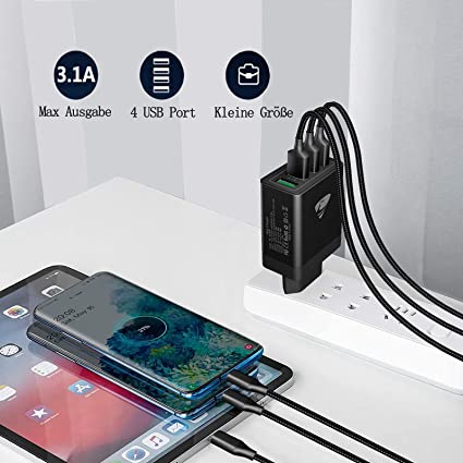 USB charger, 33W QC 3.0 USB power supply, high-speed charging adapter, 4-port fast charger, multiple USB charging plug for Samsung Galaxy A51 A50 S21 S20 S10 S9 S8, iPhone 14 13 12 11 Pro XR X, Huawei P30 P20