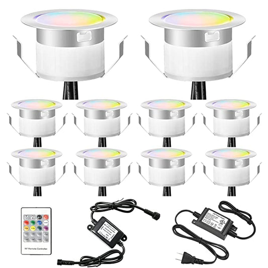 LED Deck Lights Kit 1-3/4", FVTLED Low Voltage 10pcs Multi-color RGB, Stainless Steel Recessed Wood Outdoor Yard Garden Decoration Lamp Patio Stairs Landscape Outdoor Step Lighting