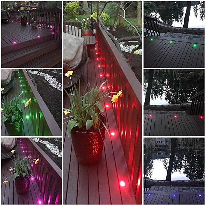 LED Deck Lights Kit 1-3/4", FVTLED Low Voltage 10pcs Multi-color RGB, Stainless Steel Recessed Wood Outdoor Yard Garden Decoration Lamp Patio Stairs Landscape Outdoor Step Lighting