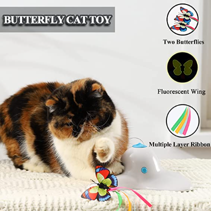 Cat Toy with 360° Electric Rotating Butterfly, Vealind Indoor Interactive Play Teaser (Cream White)