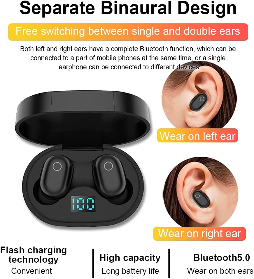 Wireless Bluetooth Headset by SLuB, In-Ear Sports Headset, Bluetooth 5.0 HD Noise Cancelling LED Charging Box, Tws Separation Technology for Music, Sports, Games (Black)