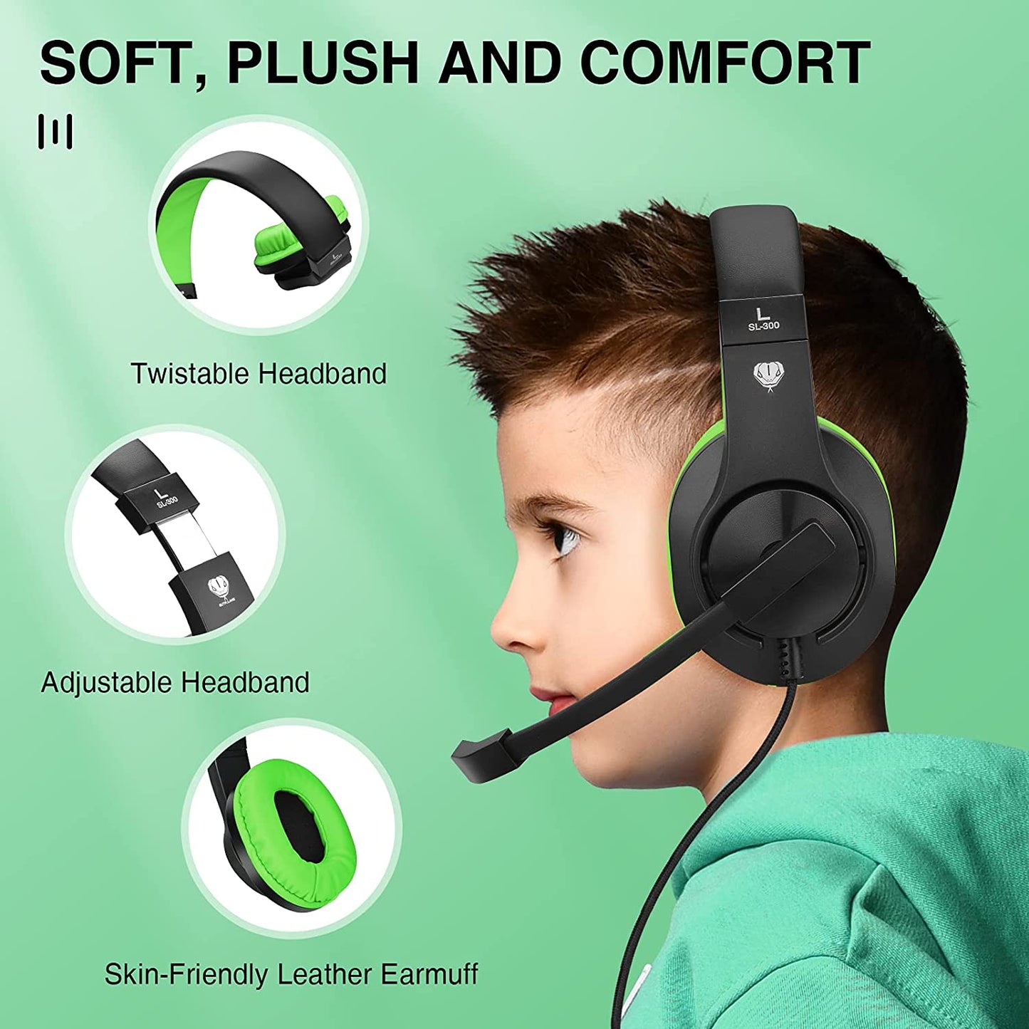 Gaming Headset by BlueFire, Stereo 3.5mm Over-Ear Gaming Headphones fo PC, Kids Headphones with Mic and Volume Control for Study/Online Course(Green)