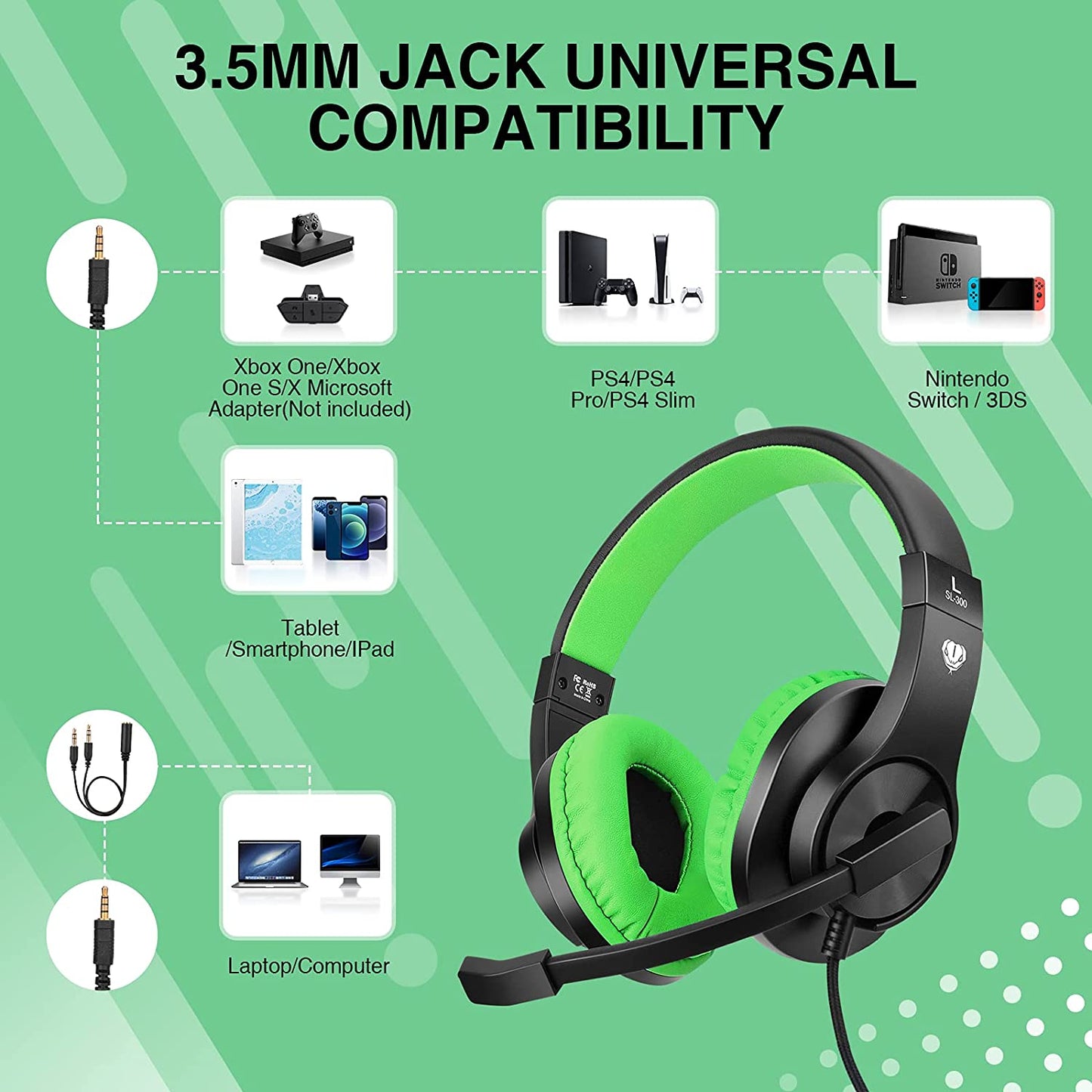 Gaming Headset by BlueFire, Stereo 3.5mm Over-Ear Gaming Headphones fo PC, Kids Headphones with Mic and Volume Control for Study/Online Course(Green)