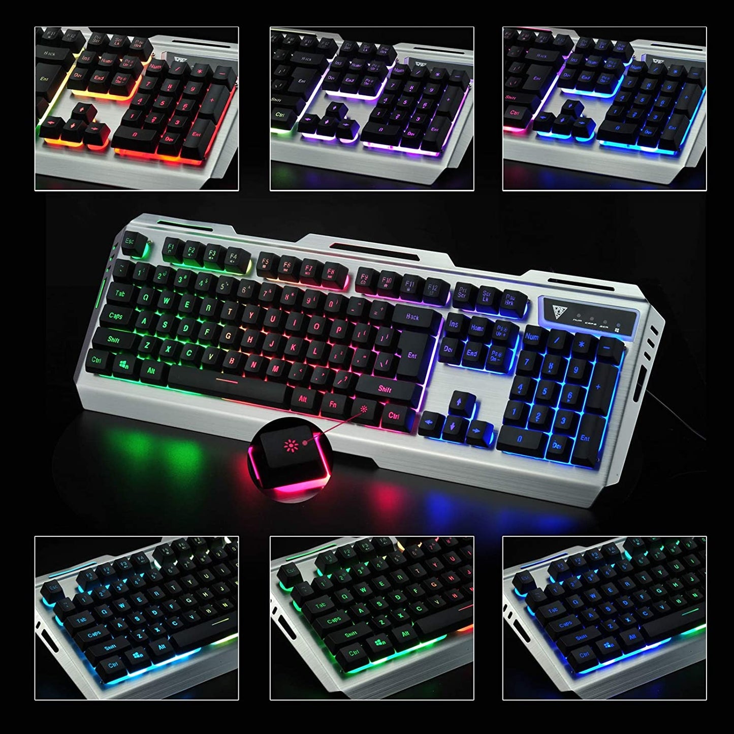 Keyboard by GREENTREEN, Gaming Keyboard, Wired with Mouse, Aluminum Alloy Surface, RGB Multi-Color (QWERTY Layout)