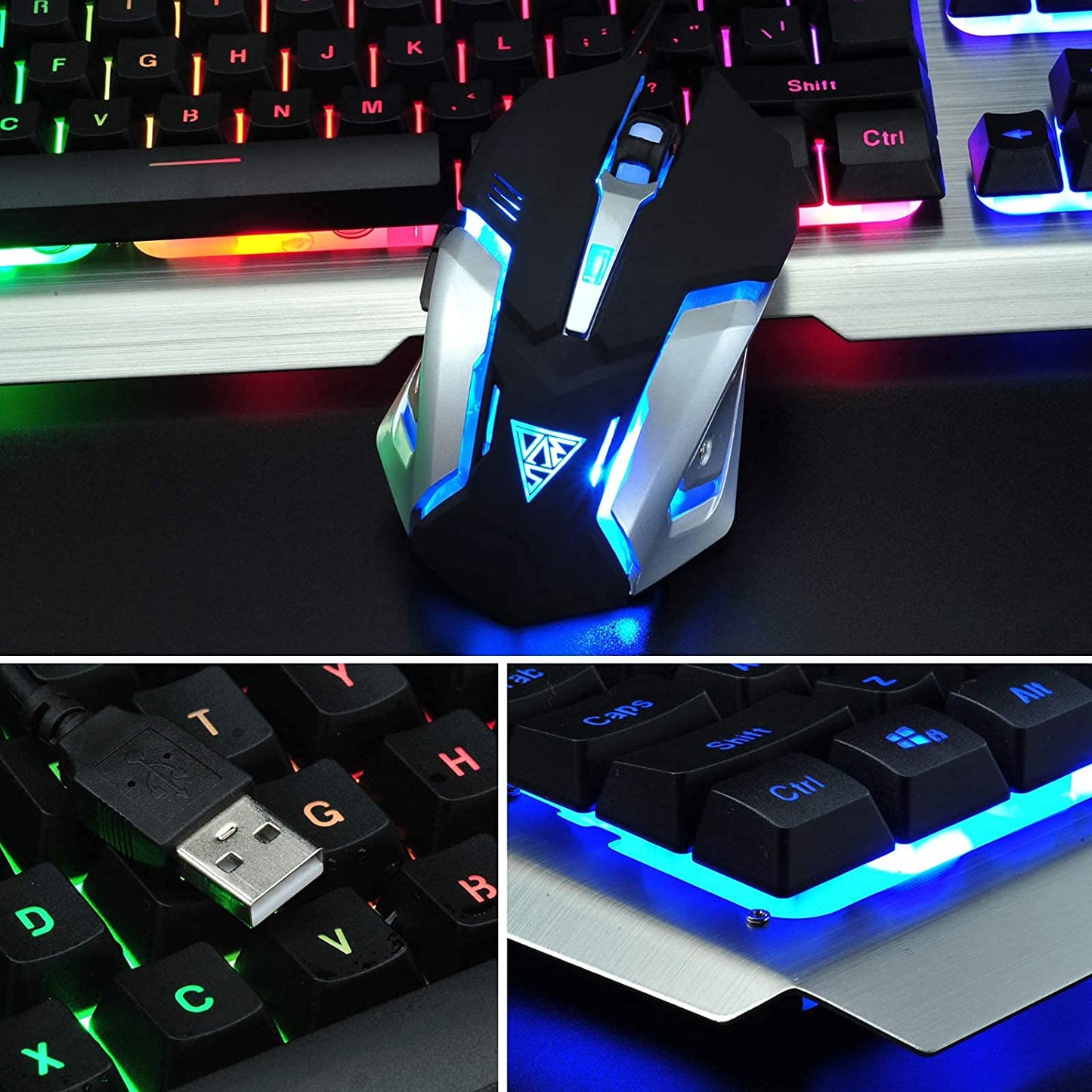 Keyboard by GREENTREEN, Gaming Keyboard, Wired with Mouse, Aluminum Alloy Surface, RGB Multi-Color (QWERTY Layout)