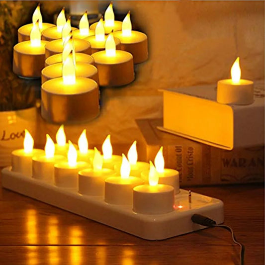 LED Rechargeable Tea Light Tealight Flameless Candle Light with Holders Charging Station Realistic Dancing Flame, Gift Decoration for Party Holiday Christmas (Yellow, 12pcs)