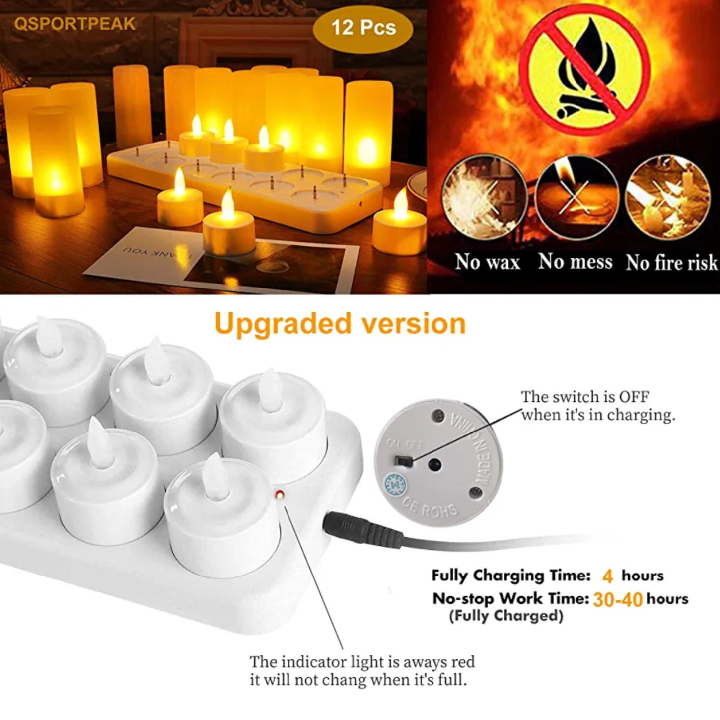 LED Rechargeable Tea Light Tealight Flameless Candle Light with Holders Charging Station Realistic Dancing Flame, Gift Decoration for Party Holiday Christmas (Yellow, 12pcs)