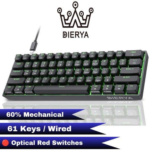 Dierya DK61se 61Keys Gaming Keyboard, 60% Mechanical Keyboard, Ultra Compact Mini Anti-Ghosting, Type C Data Cable, US Layout for PC, Windows, Gamer Typist, Black (Optical Red Switch)