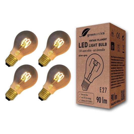 Bulbs By greenandco, Vintage LED Filament Bulb E27 A60 silver gray 3W 90lm 1800K (warm white) 230V, non-dimmable