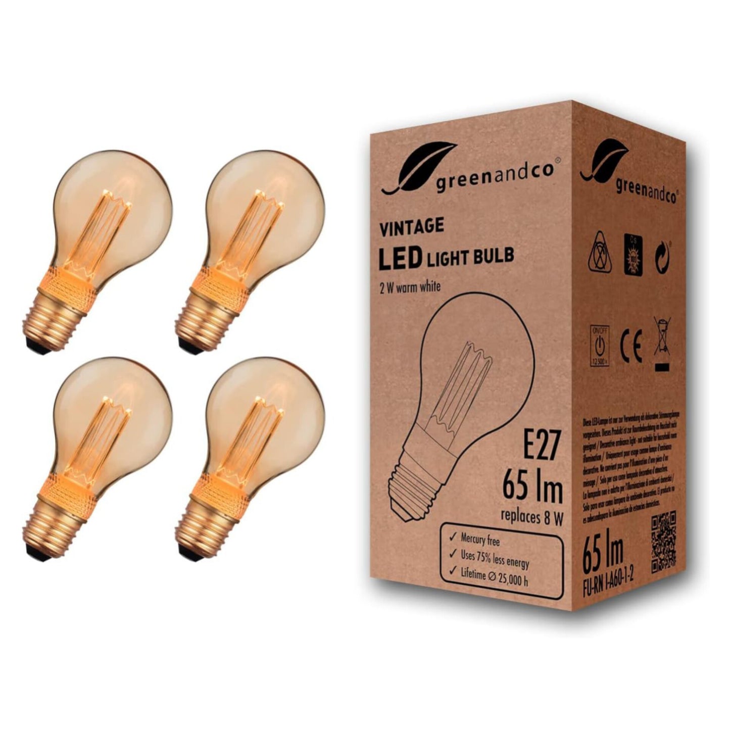 LED Light Bulbs by Greenandco Decorative Vintage Retro Industrial Edison E27 A60 2W 65lm 1800K (Very Warm White)