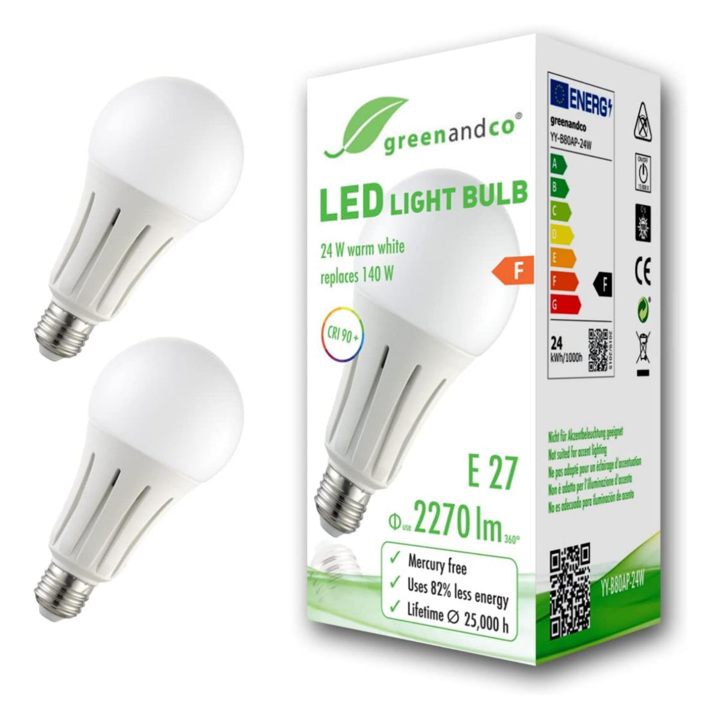 LED Light Bulb by GreenAndCo 2x CRI 90+ Replaces 140 Watt E27 Bulb Matte, 24 W, 2270 Lumens, 3000 K, Warm White