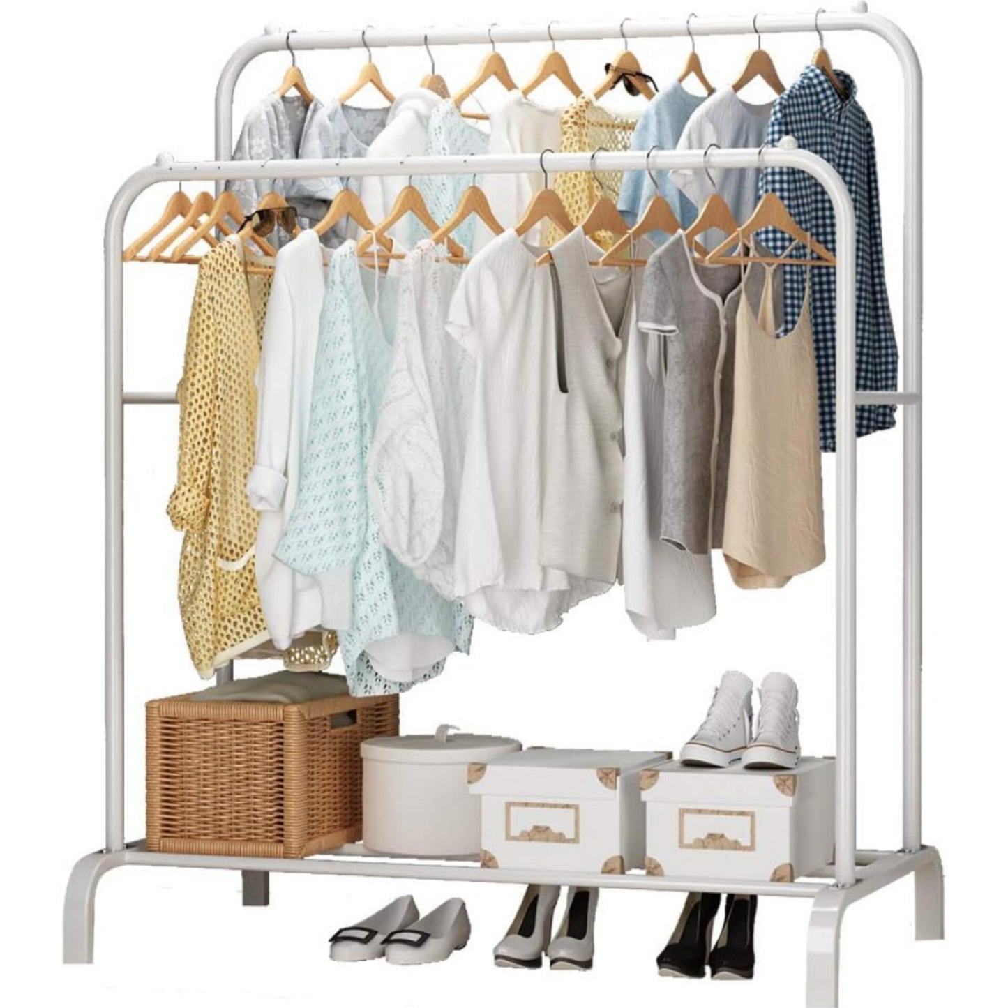 Cloths Garment Rack by UDEAR, Freestanding Hanger Double Pole Multi-functional Bedroom Clothing Rack, White