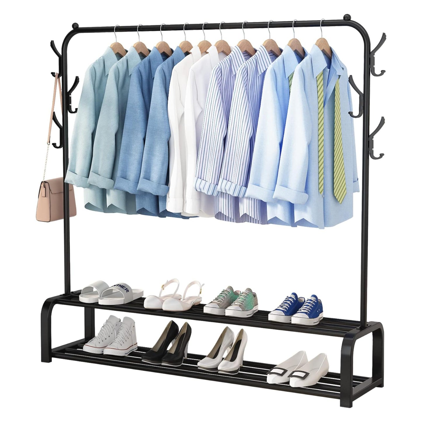 Clothes Rack by UDEAR Freestanding Clothes Rack with Top Bar, Bottom Shelf and 6 Hooks, Black