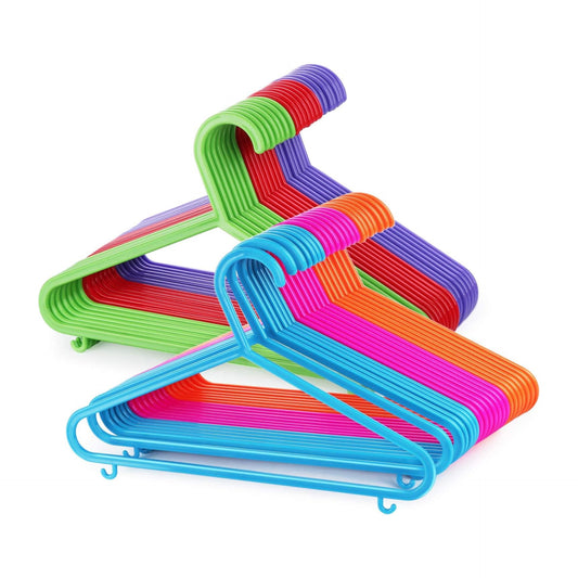 ilauke 60 Pack Plastic Childrens Clothes Hangers Colourful Plastic Coat Hangers for Kids Clothes with Skirt Trouser Bar (28.5cm x 17.5cm)