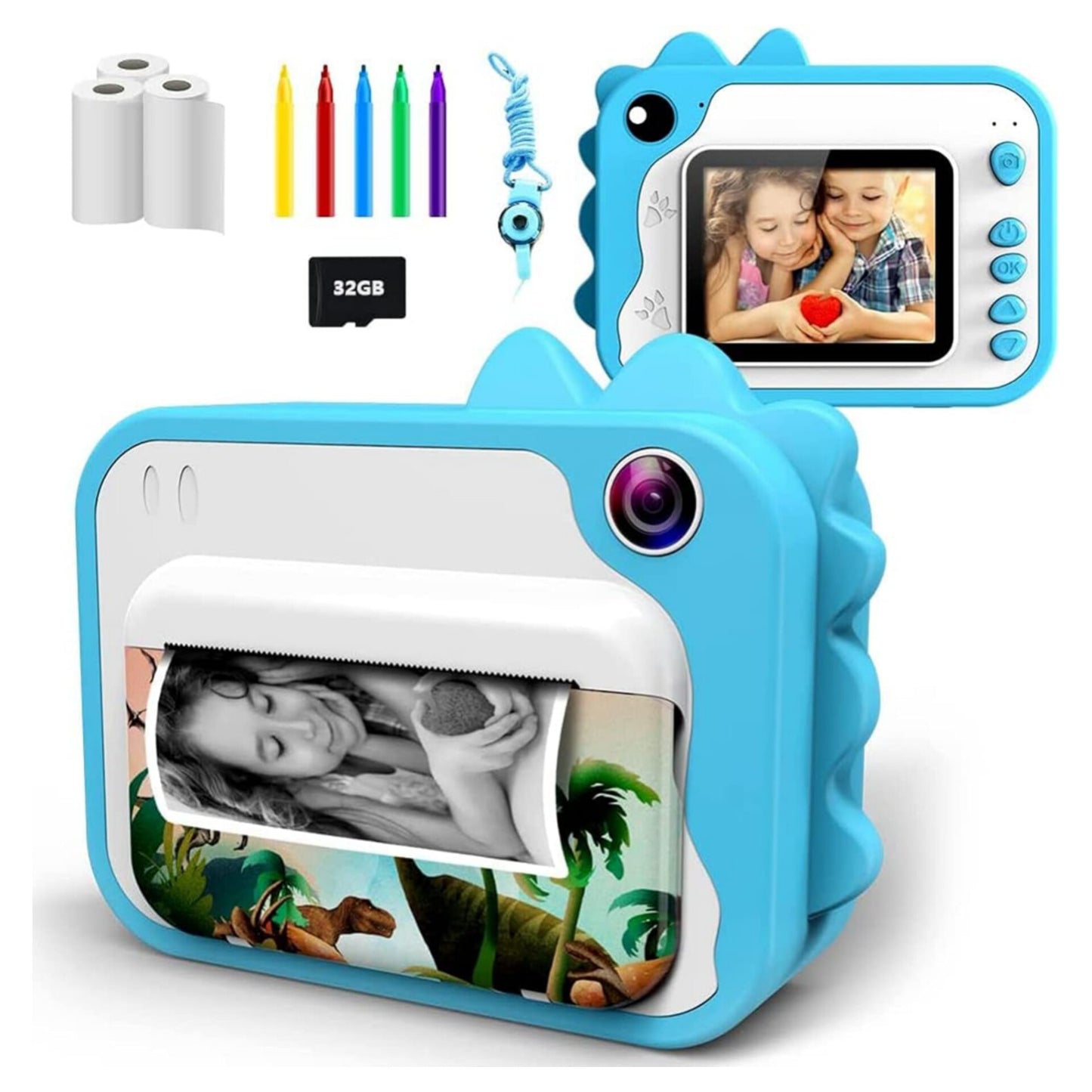 Children's Camera, Digital Camera Instant Camera Print 1080P 2.4 Inch Screen Video Camera Black and White Photo Camera with 32GB Card, 3 Rolls of Printing Paper, 5 Colours, Brush Pen