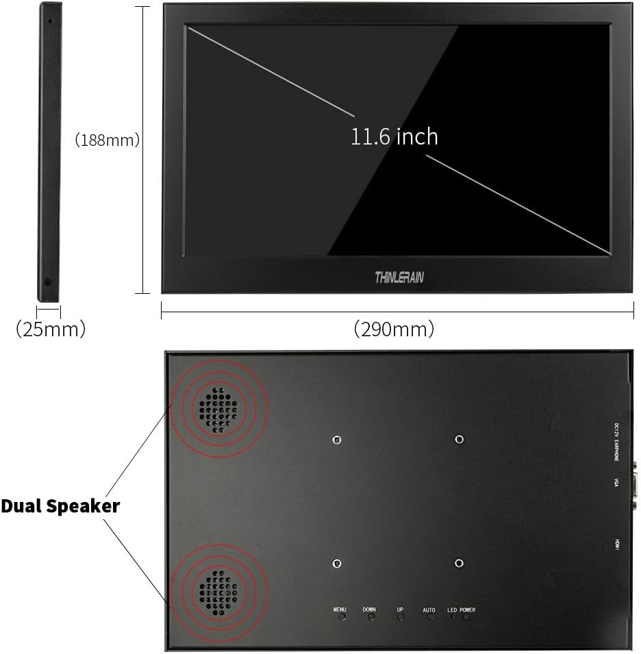 Thinlerain 11.6 inch HDMI VGA Portable Monitor, Full HD 1920 x 1080P IPS LED Display Monitor for Raspberry Pi, Camera, Security Monitor, Xbox360, PS3, PS4, Windows 7 8 10, Laptop