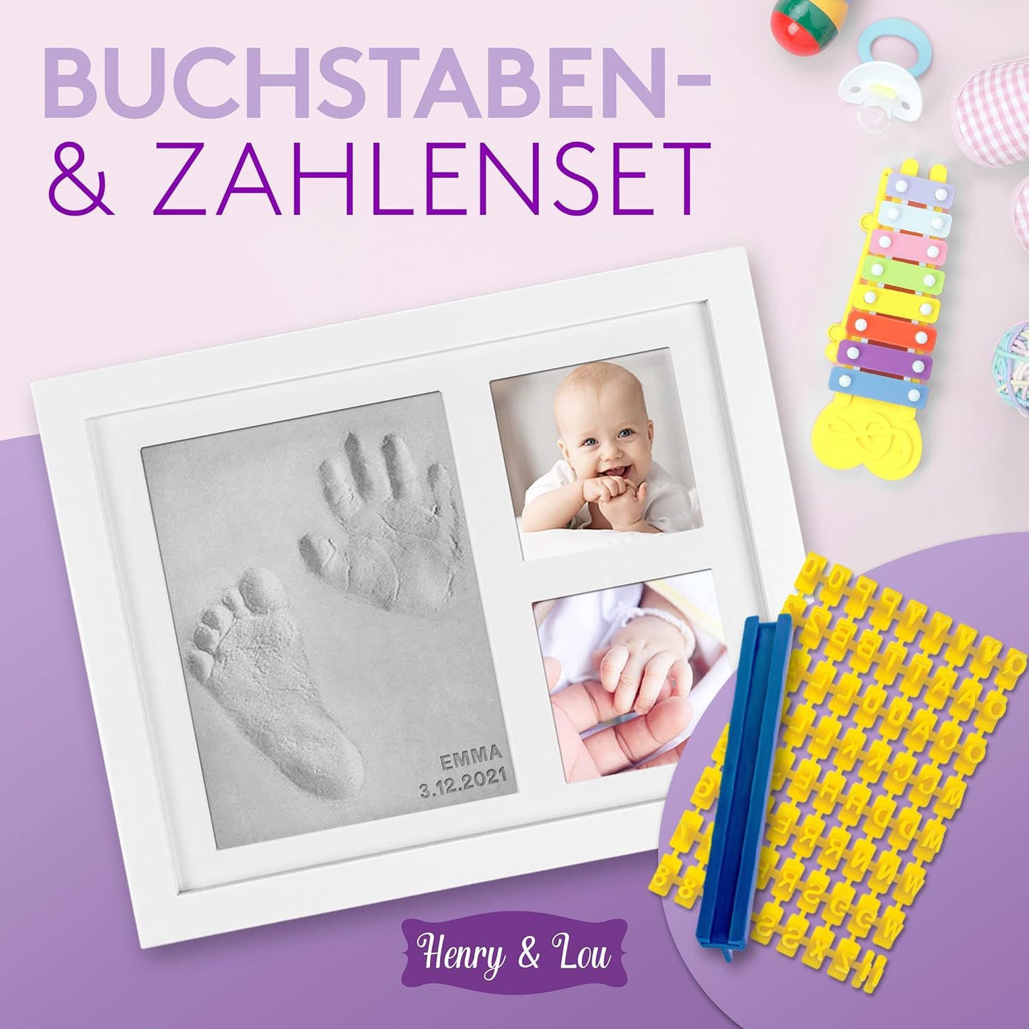 Baby Footprint Set - Plaster Cast Baby Hand & Foot - Baby Plaster Cast Set - Environmentally Friendly Clay - Picture Frame - Numbers & Letters