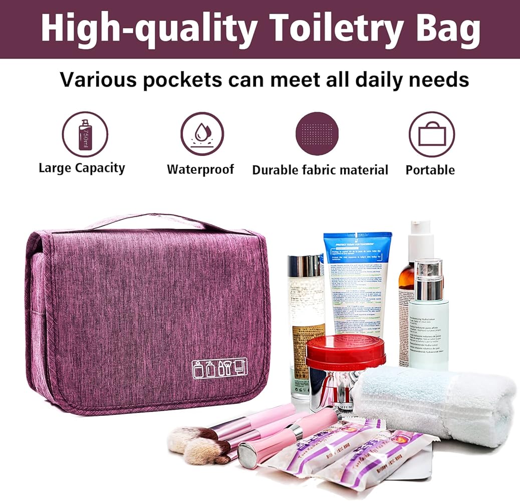 Hanging Toiletry Bag Large Capacity Men and Women Waterproof Travel Cosmetic Bag Bathroom Storage Bag (Purple)