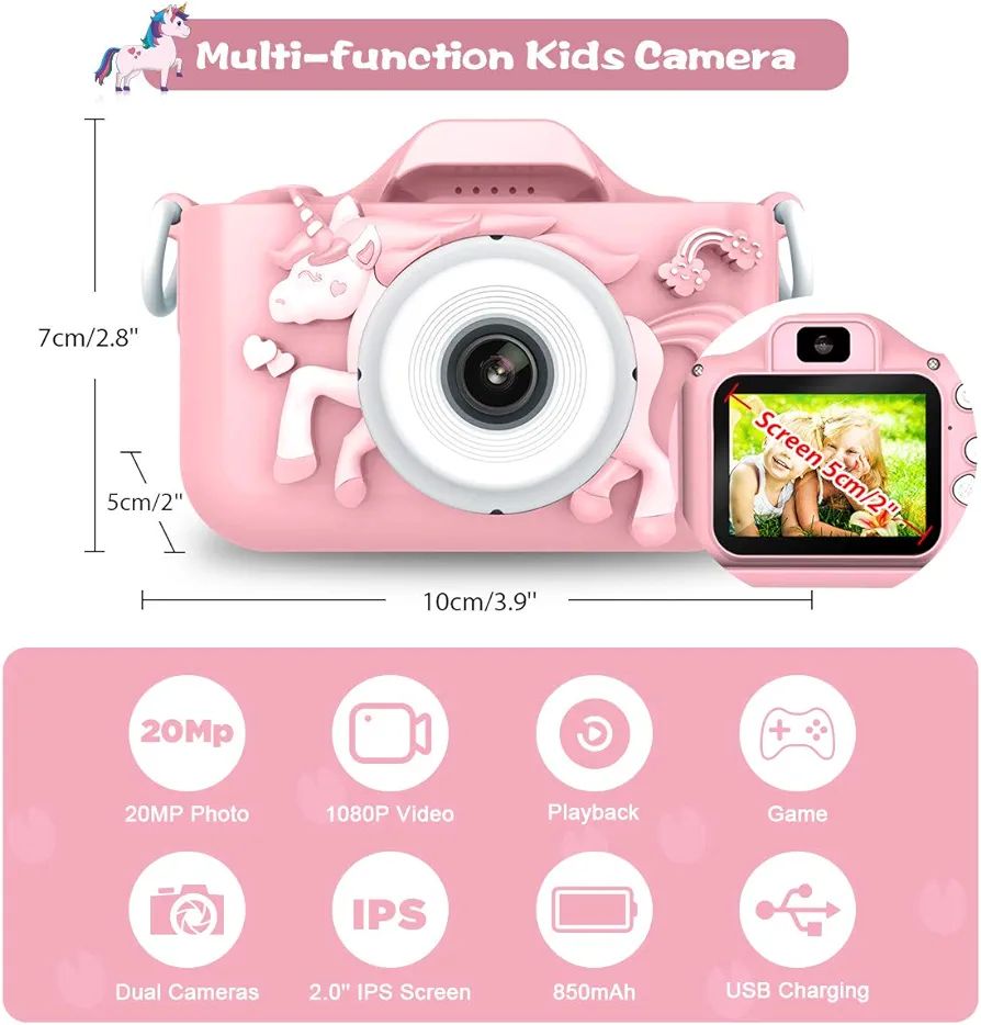 Children's Digital Camera, 20MP, 1080P HD, Double Lens, Selfie Camera, 8X Zoom, Automatic Shut-Off, 32GB TF Card, 2 Inch Children's Camera, Pink