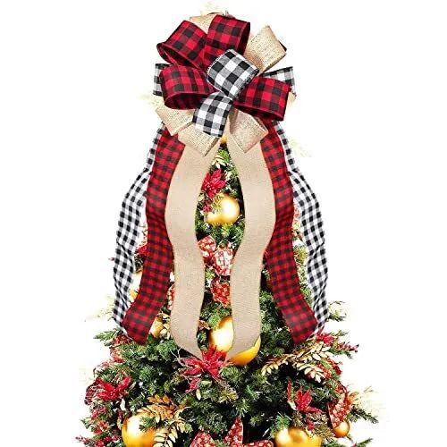 Christmas Tree Topper, Plaid Decorative Bow, Handmade Farmhouse Large Christmas Tree Topper