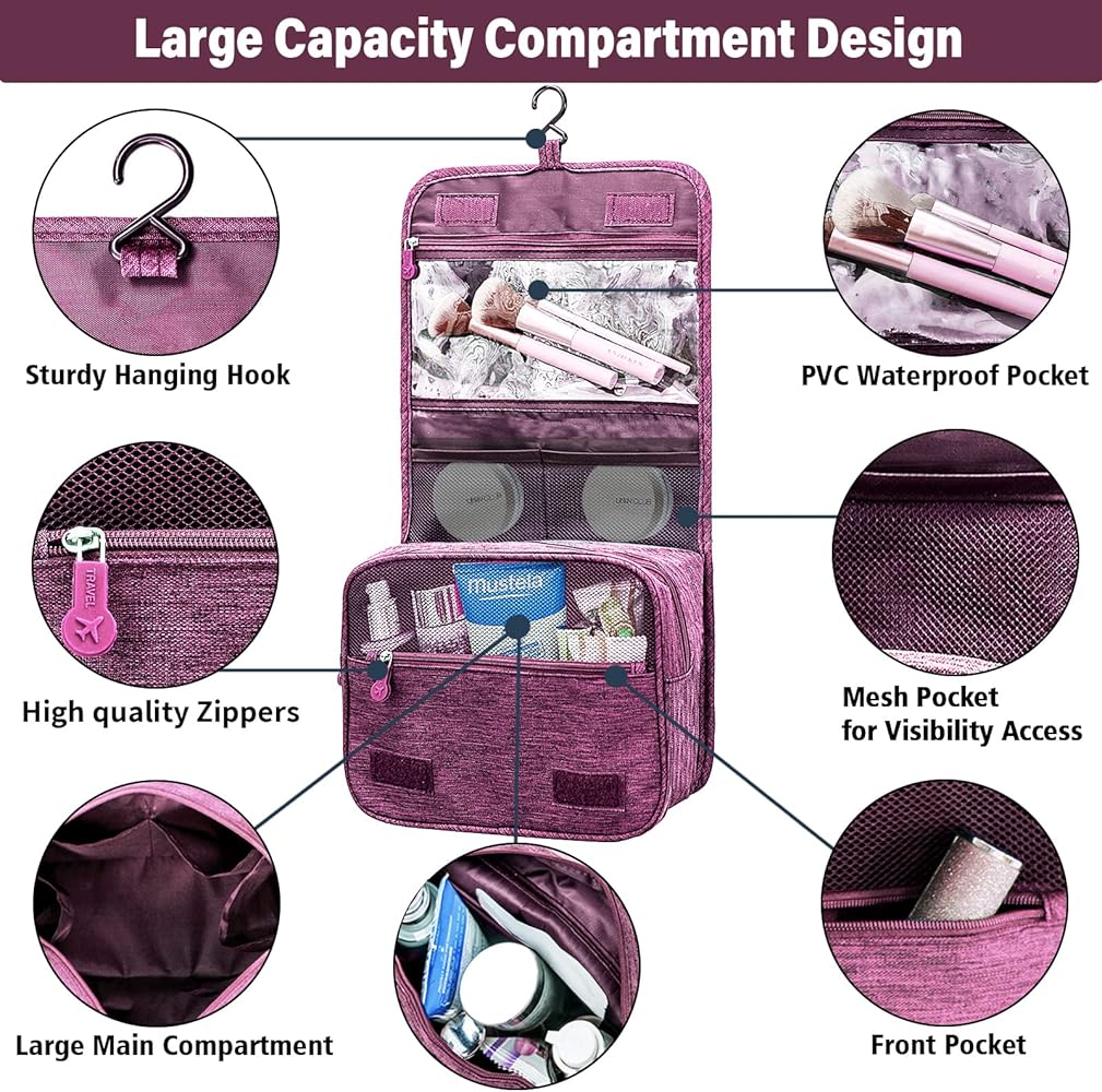 Hanging Toiletry Bag Large Capacity Men and Women Waterproof Travel Cosmetic Bag Bathroom Storage Bag (Purple)