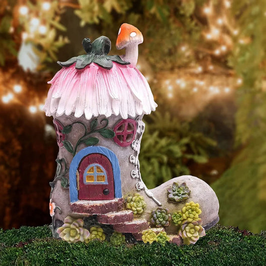 Pink Boot Fairy House Garden Ornaments with Solar Powered Lights, Waterproof Resin Garden Statue Outdoor Cottage Figurines for Patio Lawn Yard Decorations, 22.4cm, Christmas Gift