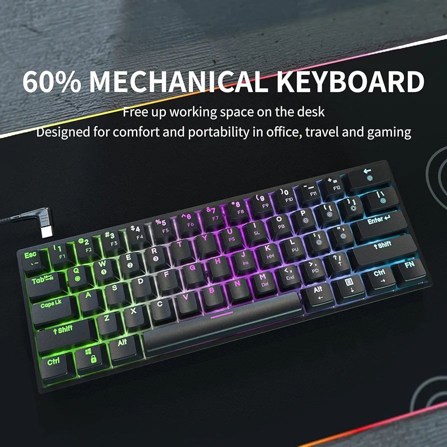 Dierya DK61E 60 % 61 Keys Mechanical Gaming Keyboard, RGB Backlit Wired polybutylene terephthalate (PBT) Keyboard Cap Waterproof Hot-Swap Capable Compact Computer Keyboard with Programmable Full Keys (Optical Silver Switch)