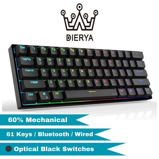 Dierya DK61 Pro 60% Gaming Keyboard, 61 Keys Bluetooth 5.1 Wireless/Wired Mechanical Keyboard with RGB Backlight and PBT Keycap, Waterproof, Hot-Swappable (Optical Black Switch)