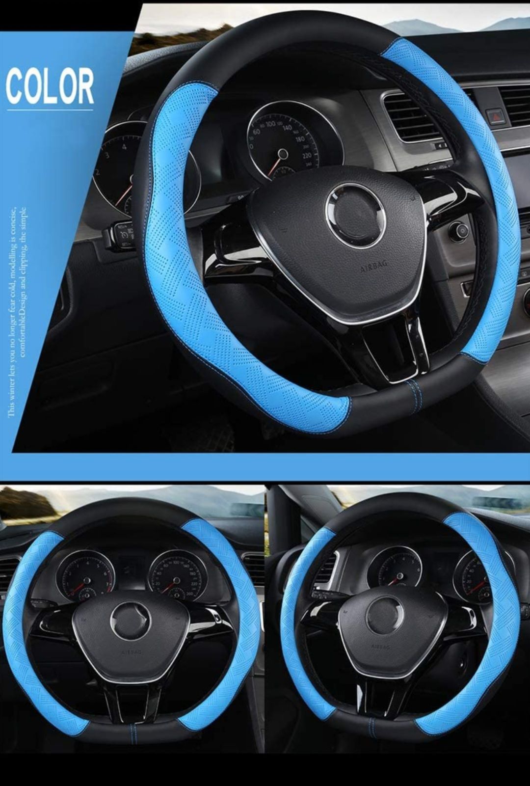 Car Steering Wheel Cover D Shape Microfibre Leather for Diameter 38 cm (15 inches) Universal Non-Slip Breathable for Men and Women (Blue)