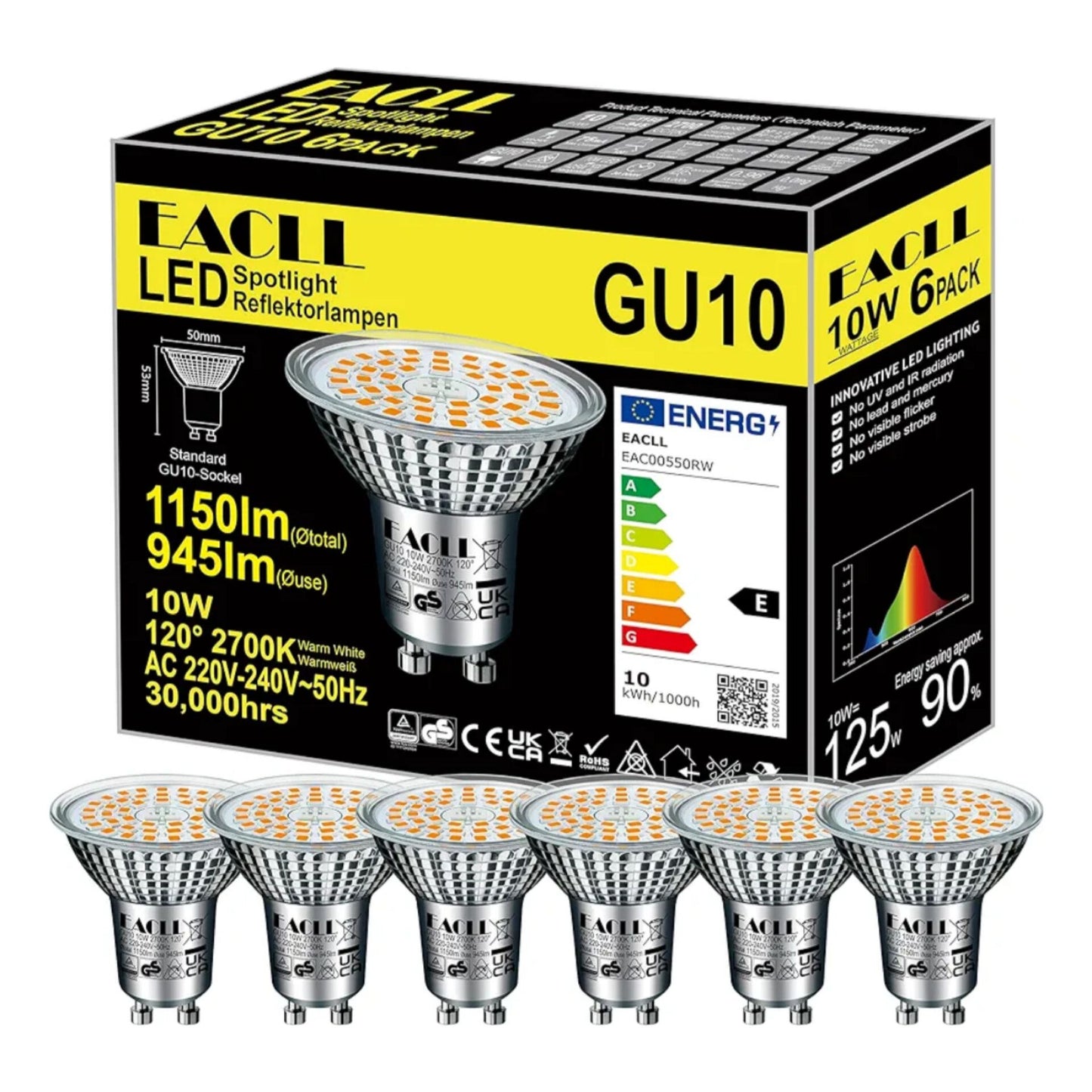 EACLL GU10 LED Warm White 10 W Replaces 125 W Halogen Bulbs Pack of 6 2700 K 945 Lumen Bulbs AC 230 V Flicker-Free Spotlight Beam Angle 120° Spot Non-Dimmable Reflector Lamp