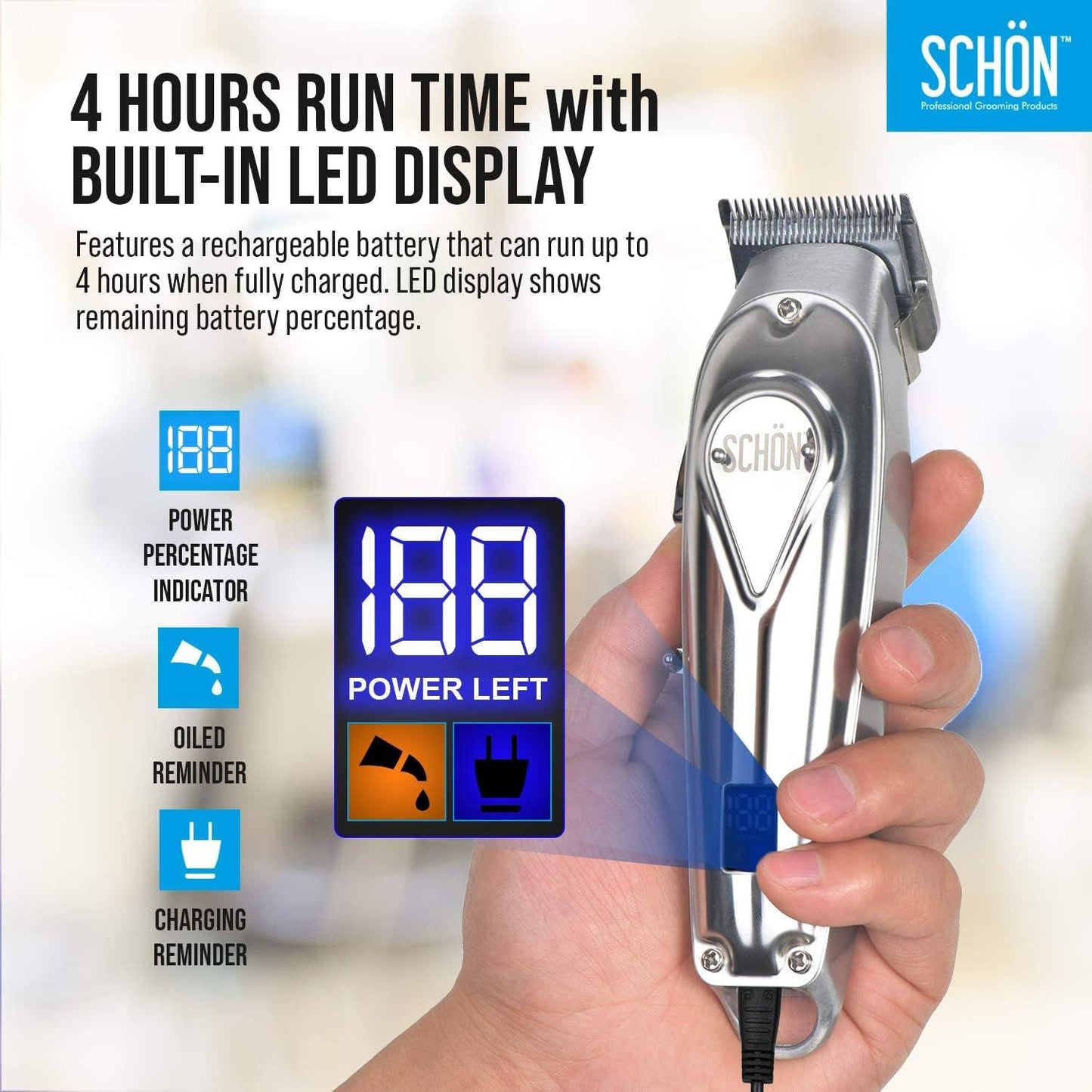 Stainless Steel Cordless Professional Hair Clipper, Cordless Care Set and Rechargeable with LED Indicator