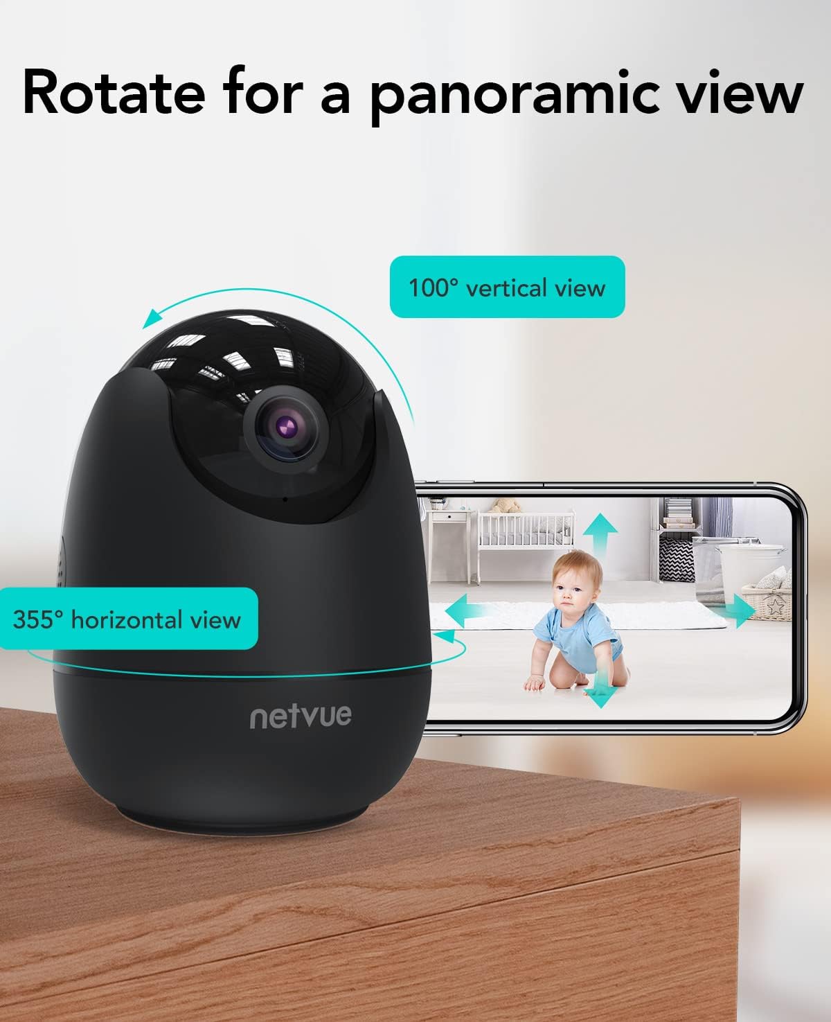 Netvue Pet Camera 360° Indoor Camera, Dog Cat Baby Monitor with Camera and Night Vision, WiFi Smart Security Camera Motion Sensor, 2-Way Audio, Pan/Tilt/Zoom, App Control, Compatible with Alexa, Black