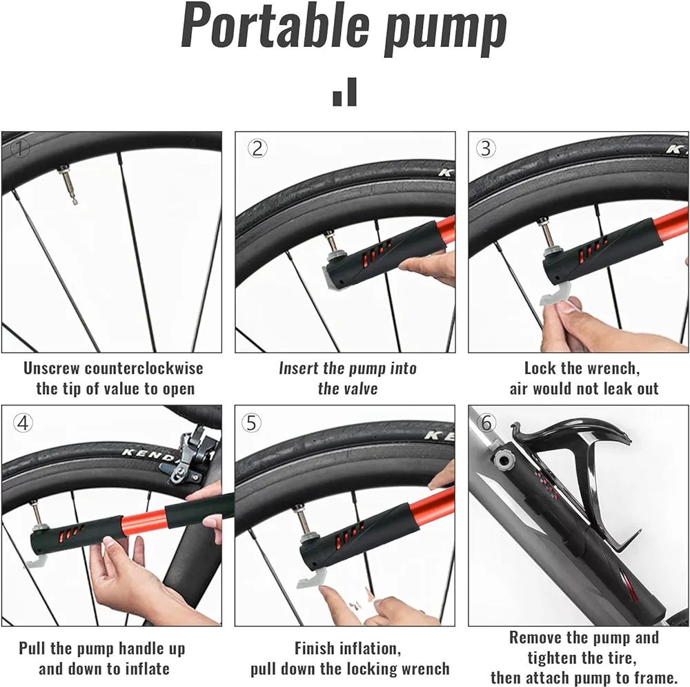 Mini Bicycle Pump, 120 PSI Portable Bike Pump with Mount for Presta and Schrader, Electric Racing Bike Inflator Bicycle Accessories Glueless Patch Kit for Balls/Swim Ring