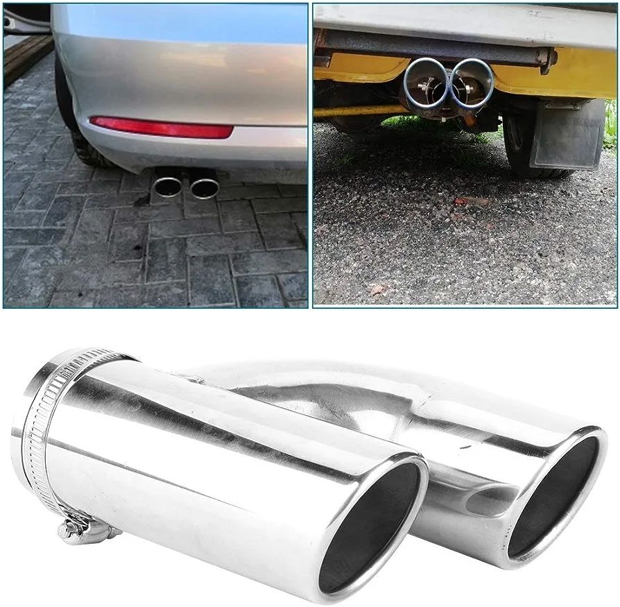 62mm Car Double & Dual, Twin Exhaust, A2008 Universal Car Exhaust Pipe, Trim Tip, Circular Oblique End, Double Out Rear Tail Throat